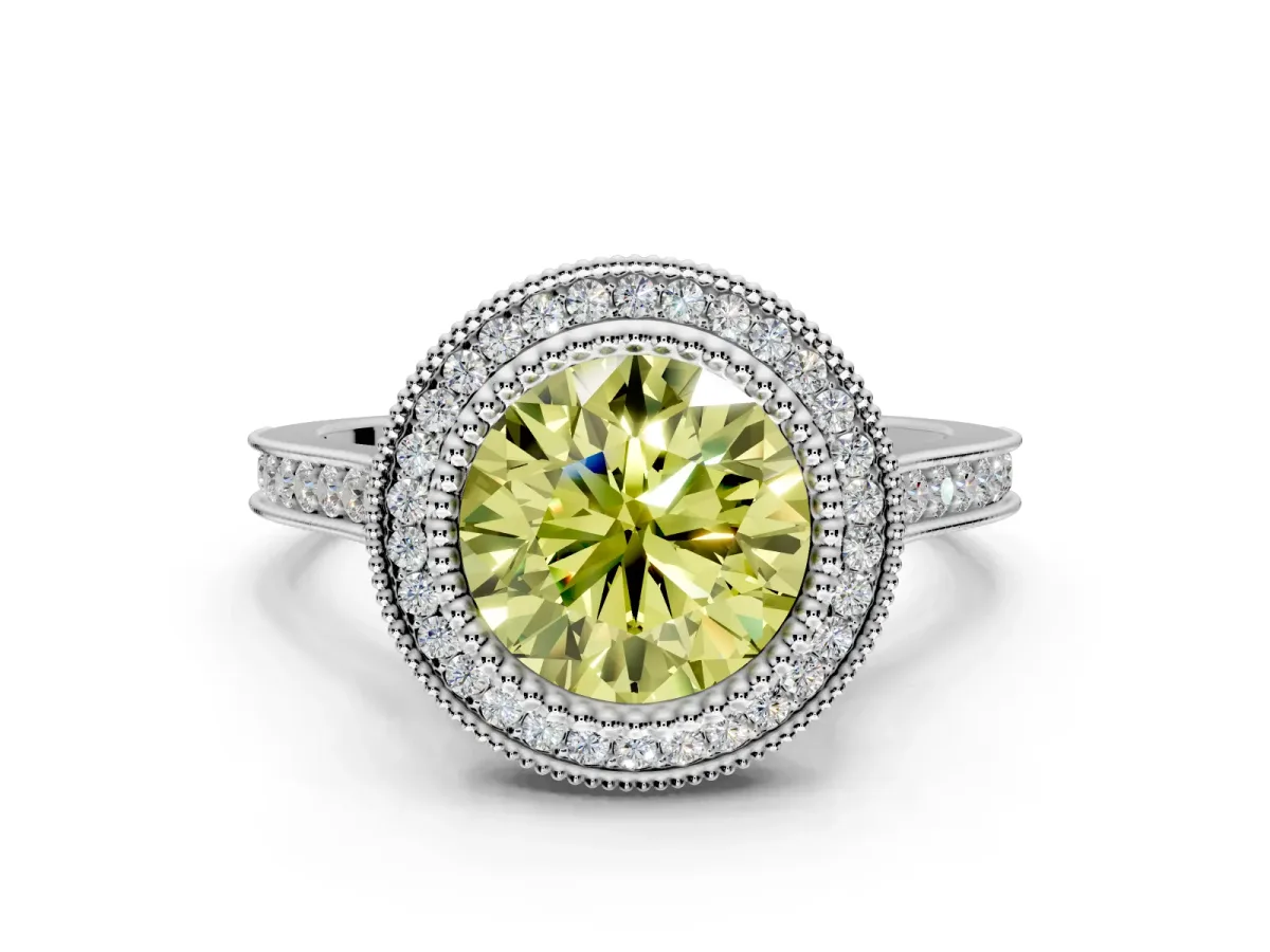 Halo Engagement Ring Setting for Fancy Yellow Round Cut Center with Milgrain Frame, Pave Band and Prong Head in White Gold