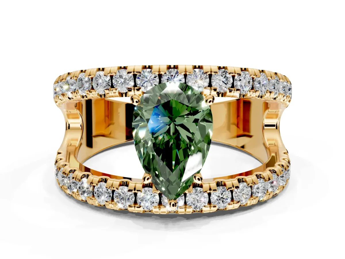 Solitaire Engagement Ring Setting for Fancy Green Pear-Shaped Center with Wide-Open Split Shank and Prong Head in Yellow Gold