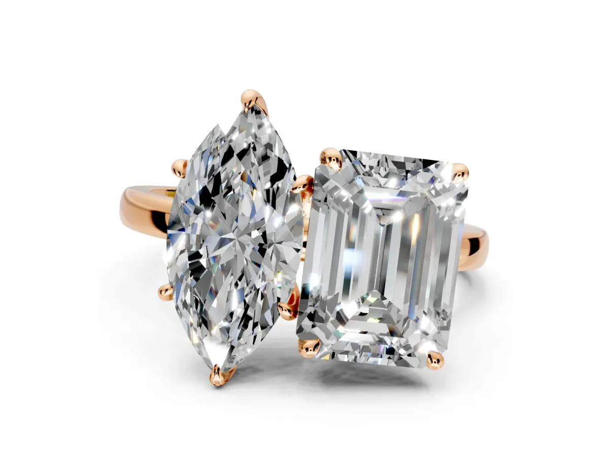 Marquise and Emerald Cut Lab-Grown Diamond Toi et Moi Engagement Ring with Prong-Set Stones in Rose Gold