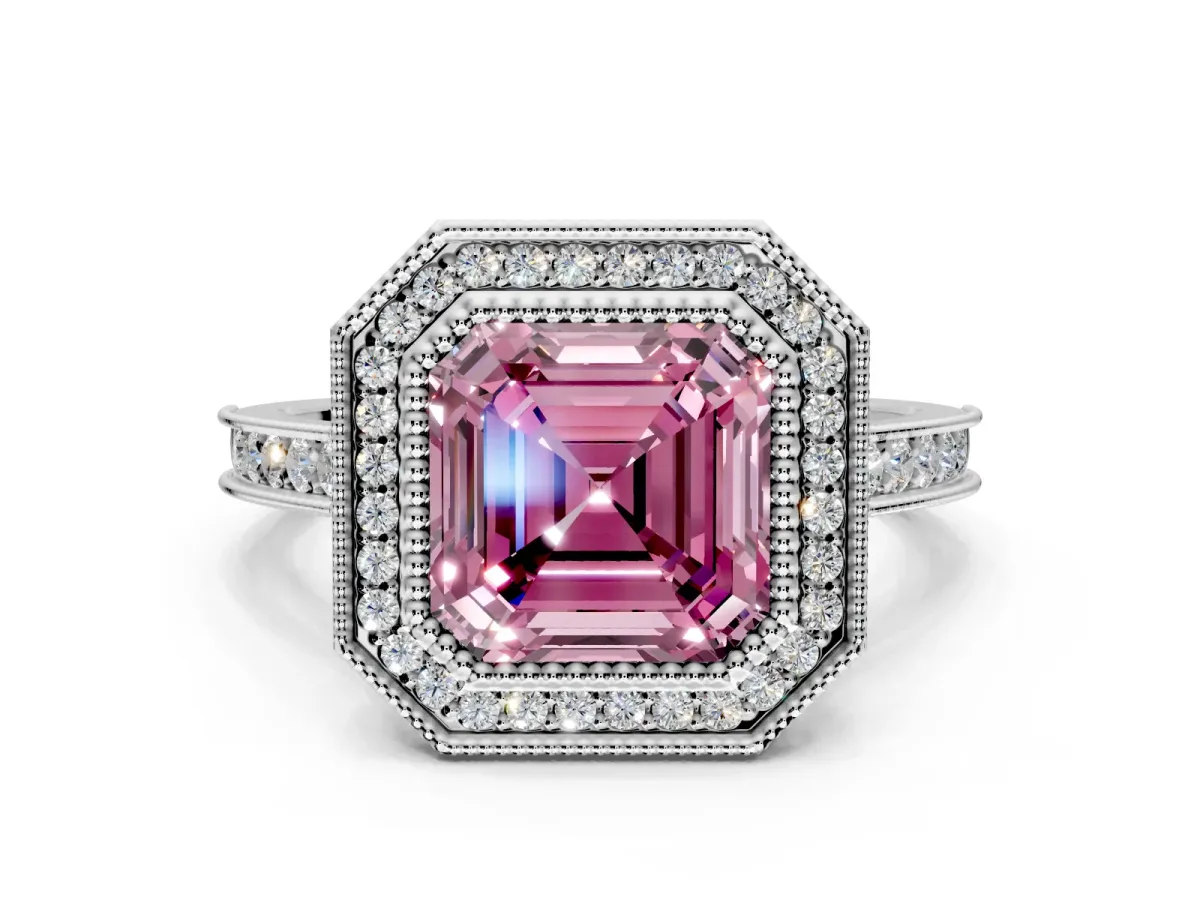 Halo Engagement Ring Setting for Fancy Pink Asscher Cut Center with Milgrain Pave Band and Bezel Head in White Gold
