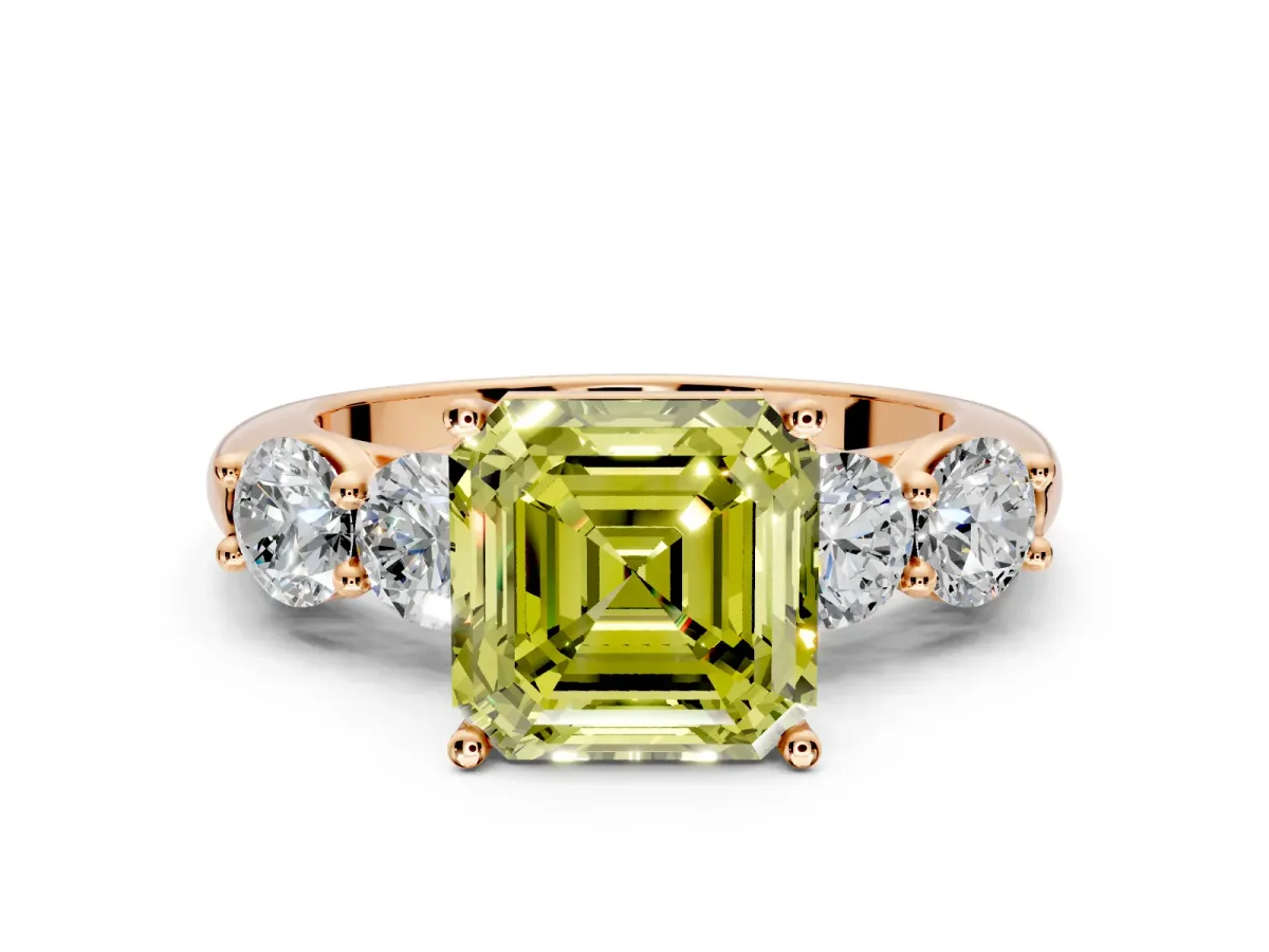 5 Stone Engagement Ring Setting for Fancy Yellow Asscher Cut Center with Graduated Accents and Prong Head in Rose Gold