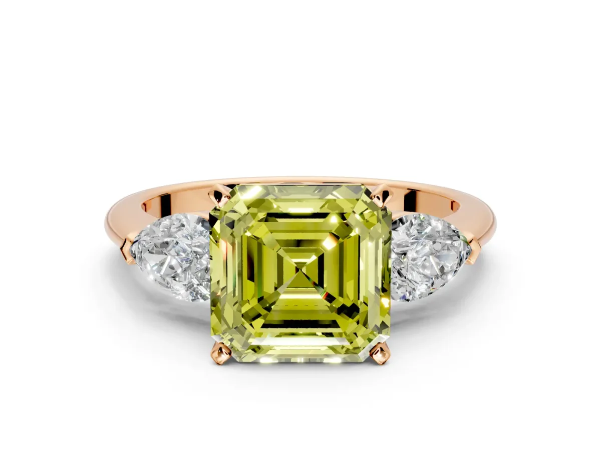 3 Stone Engagement Ring Setting for Fancy Yellow Asscher Cut Center with Large Pear-Shaped Accents and Prong Head in Rose Gold