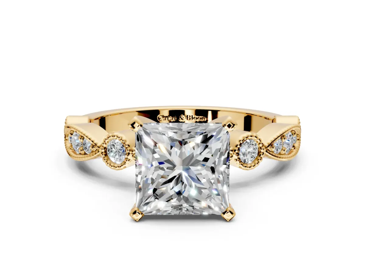 Solitaire Engagement Ring Setting for Princess Cut Center with Milgrain Bezel Accents and Prong Head in Yellow Gold