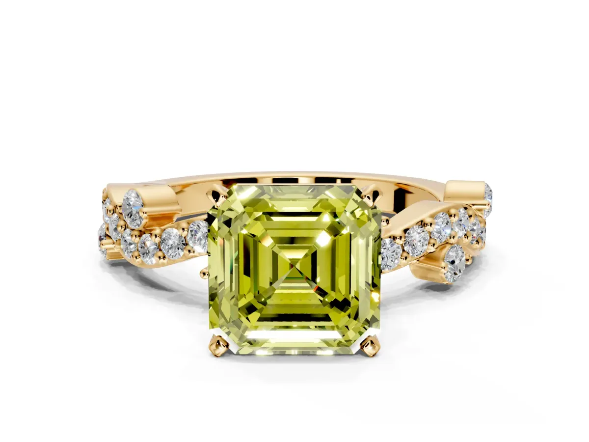 Solitaire Engagement Ring Setting for Fancy Yellow Asscher Cut Center with Bar-Station Pave Twist and Prong Head in Yellow Gold