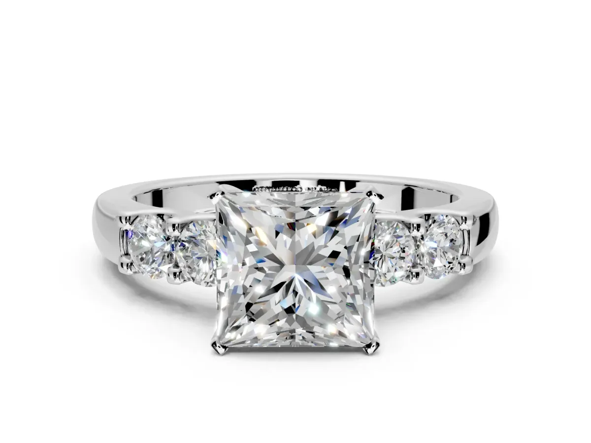 5 Stone Engagement Ring Setting for Princess Cut Center with Plain Band and Prong Head in Platinum