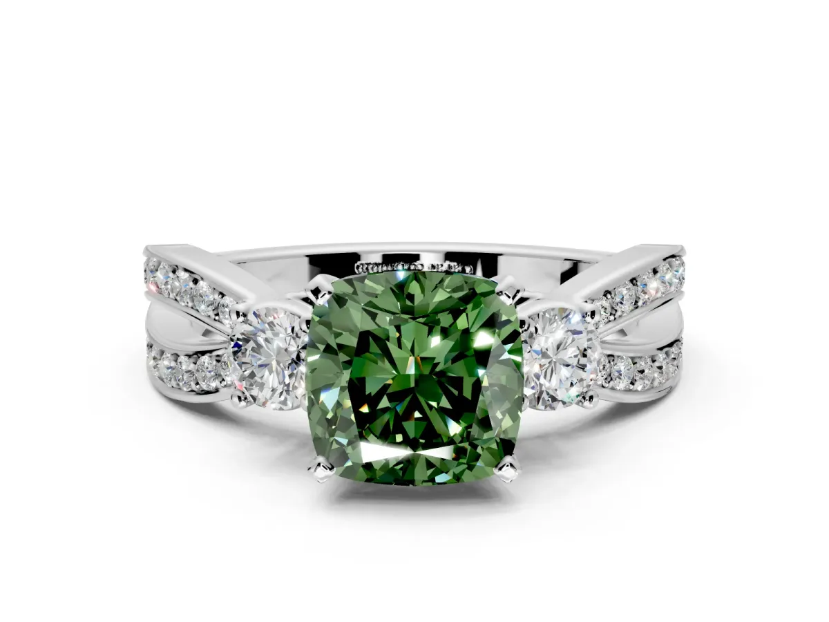 3 Stone Engagement Ring Setting for Fancy Green Cushion Cut Center with Pave Twist Band and Prong Head in White Gold