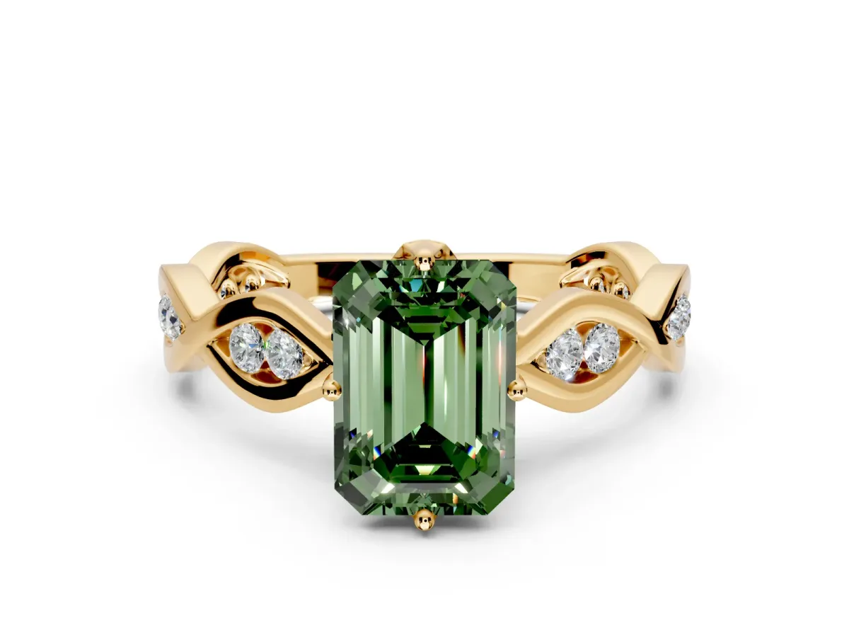 Solitaire Engagement Ring Setting for Fancy Green Emerald Cut Center with Accented Twist Band and Leaf Prong Head in Yellow Gold