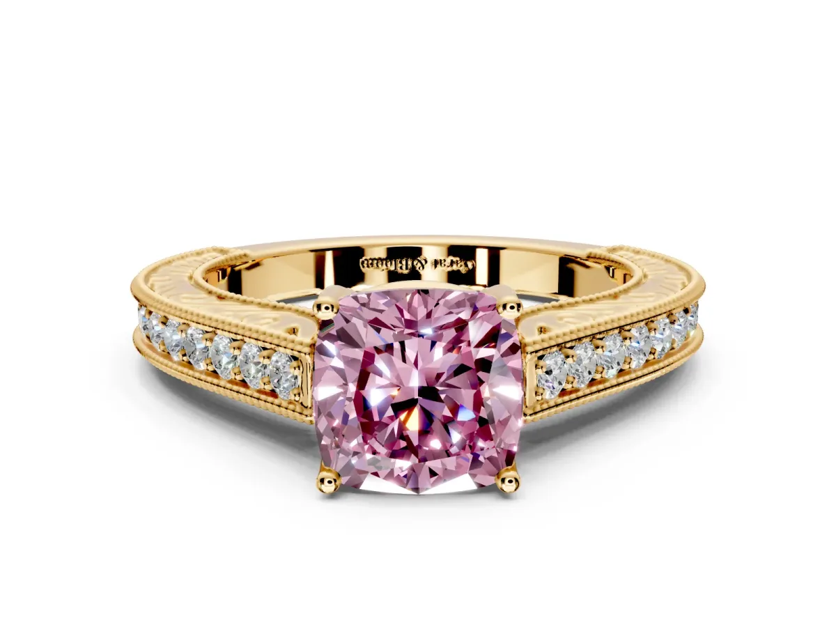 Solitaire Engagement Ring Setting for Fancy Pink Cushion Cut Center with Engraved Pave Band and Prong Head in Yellow Gold