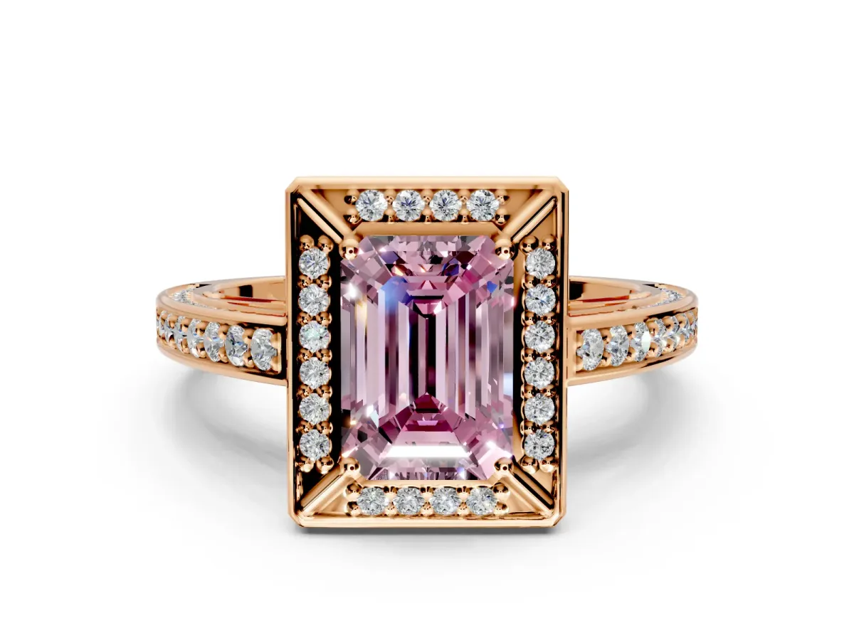 Halo Engagement Ring Setting for Fancy Pink Emerald Cut Center with Framed Halo, Pave Band and Prong Head in Rose Gold