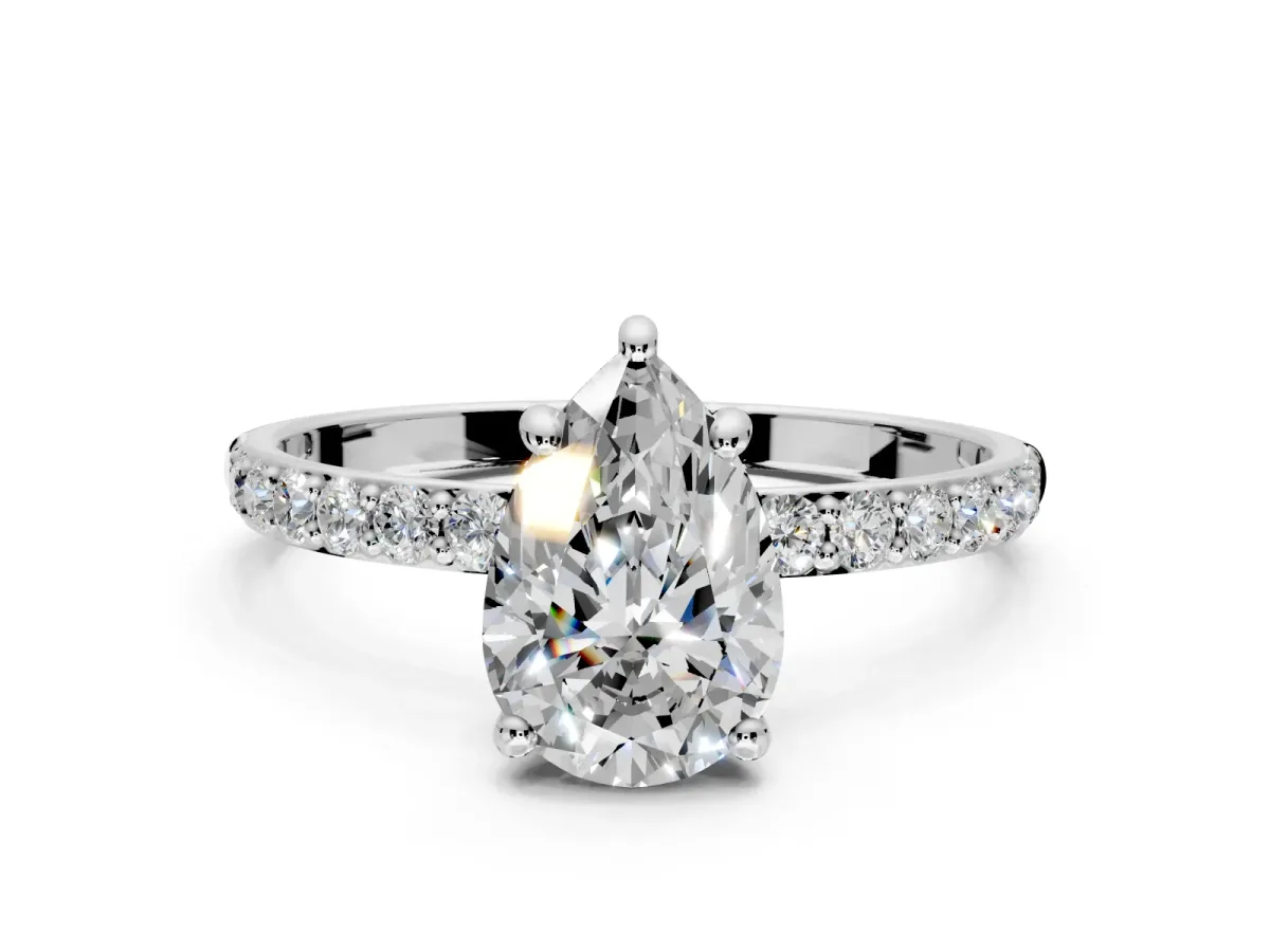 Solitaire Engagement Ring Setting for Pear-Shaped Center with Pave Accents and Prong Head in Sterling Silver