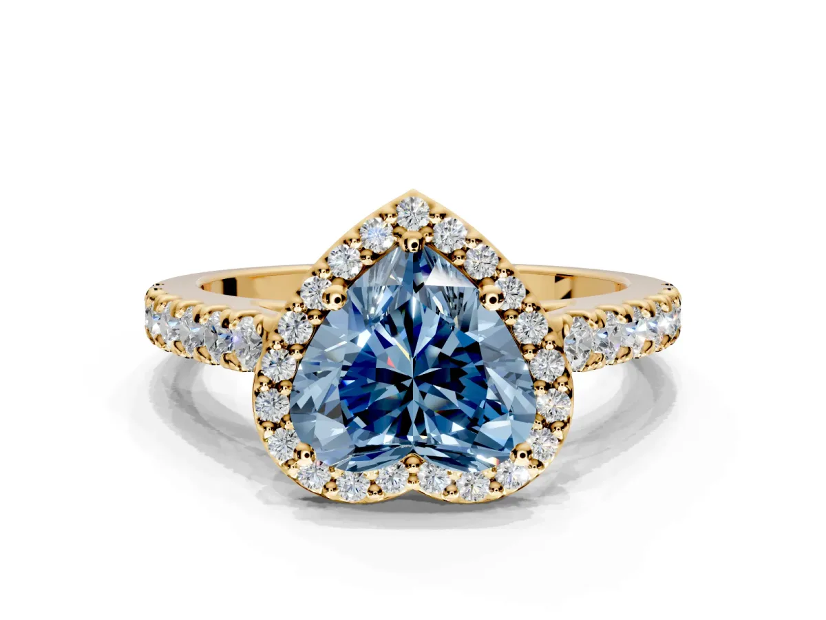 Halo Engagement Ring Setting for Fancy Blue Heart-Shaped Center with Full Pave Band and Prong Head in Yellow Gold