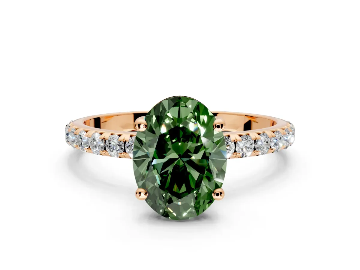 Solitaire Engagement Ring Setting for Fancy Green Oval Center with Micro Pave Band and Prong Head in Rose Gold