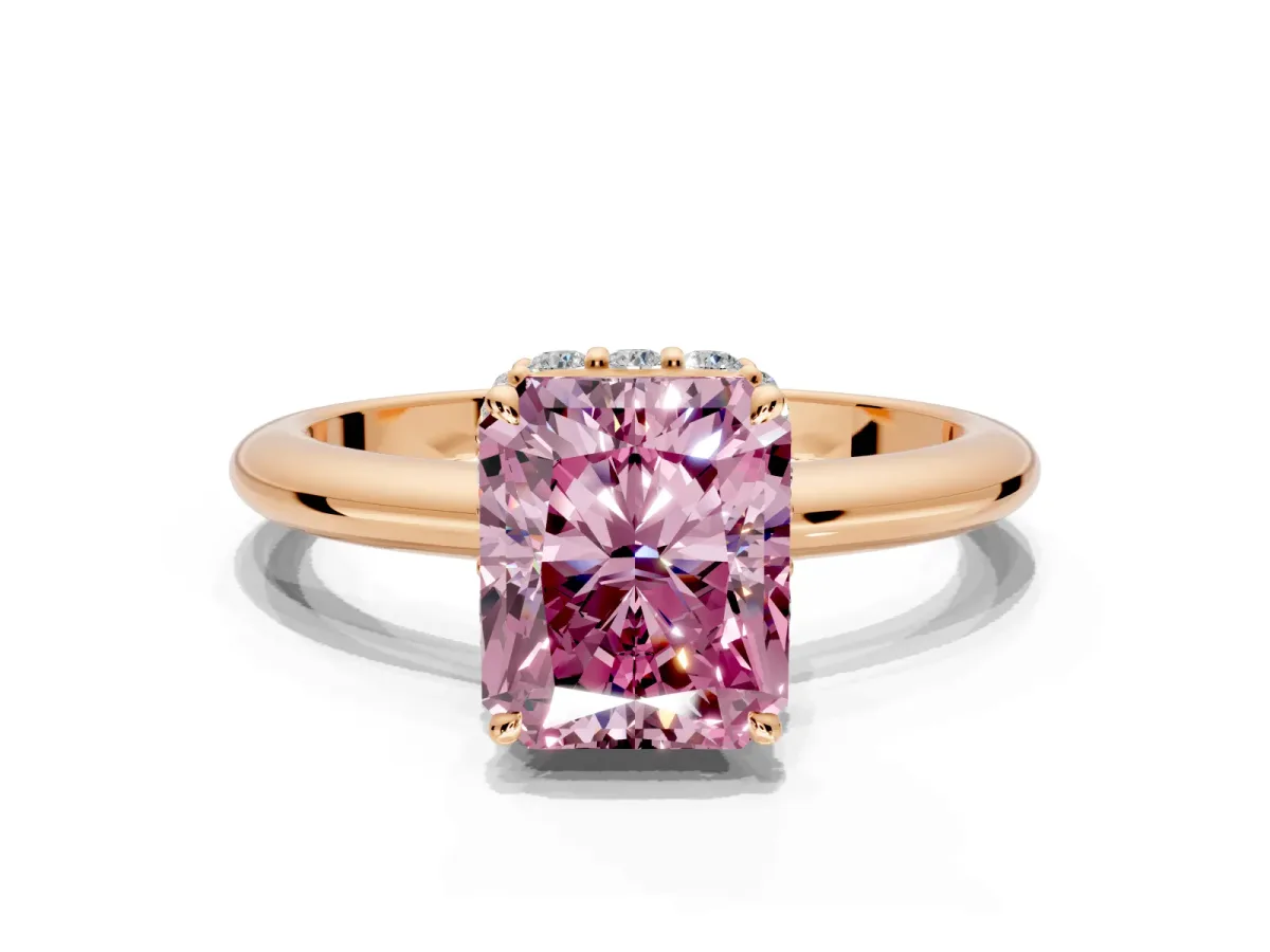 Hidden Halo Engagement Ring Setting for Fancy Pink Radiant Cut Center with Plain Rounded Band and Prong Head in Rose Gold