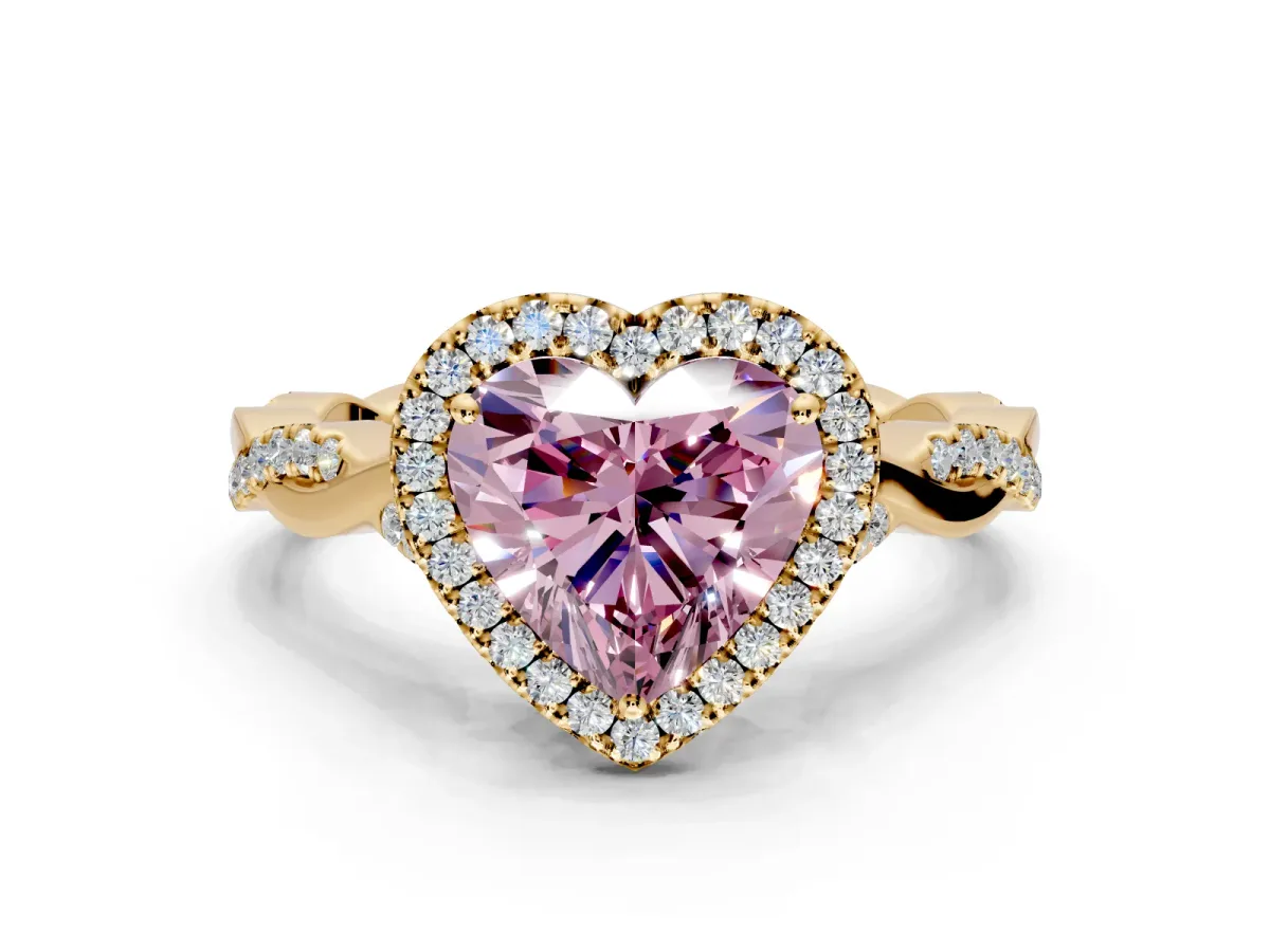 Halo Engagement Ring Setting for Fancy Pink Heart-Shaped Center with Twist Band and Prong Head in Yellow Gold