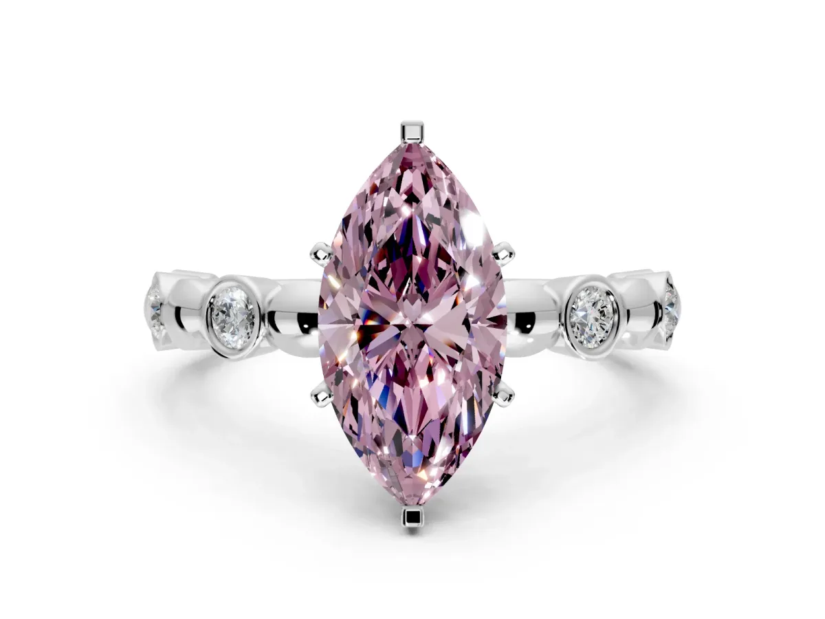 Solitaire Engagement Ring Setting for Fancy Pink Marquise Center with Beaded Bezel Station Band and Prong Head in White Gold