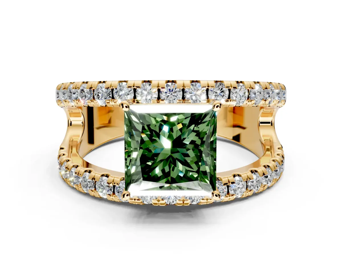 Solitaire Engagement Ring Setting for Fancy Green Princess Cut Center with Wide-Open Split Shank and Prong Head in Yellow Gold