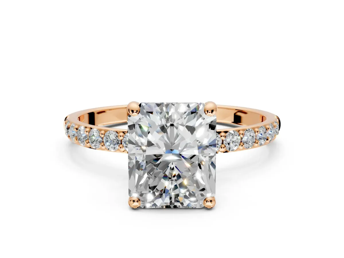 Solitaire Engagement Ring Setting for Radiant Cut Center with Pave Accents and Prong Head in Rose Gold