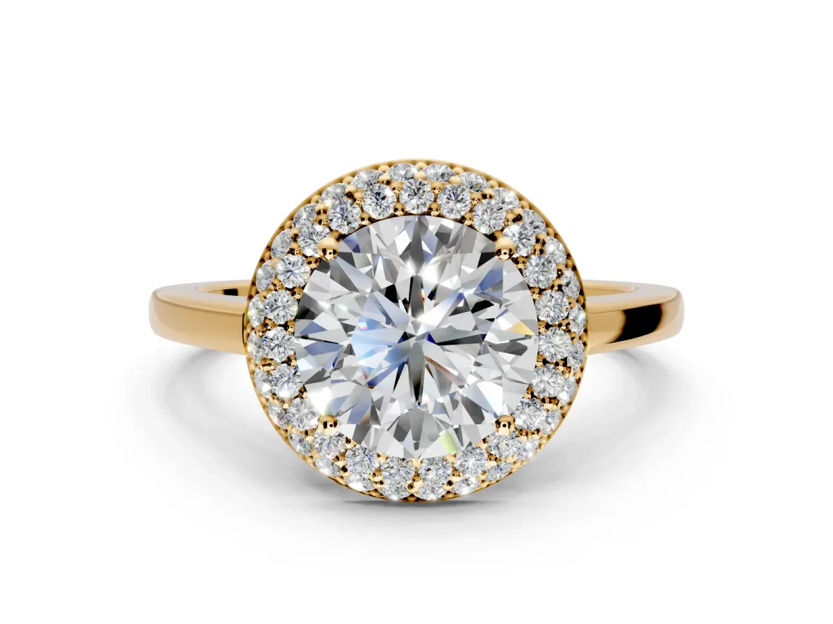 Halo Engagement Ring Setting for Round Cut Center with Plain Tapered Band and Prong Head in Yellow Gold