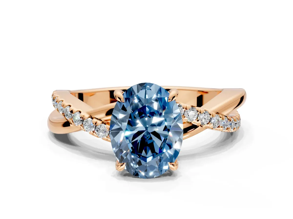 Crossover Engagement Ring Setting for Fancy Blue Oval Center with Pave and Plain Strands and Prong Head in Rose Gold