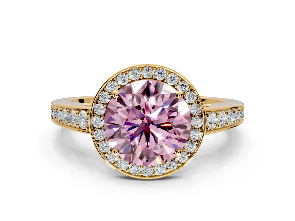 Bezel-Framed Halo Engagement Ring Setting for Fancy Pink Round Cut Center with Pave Band and Prong Head in Yellow Gold