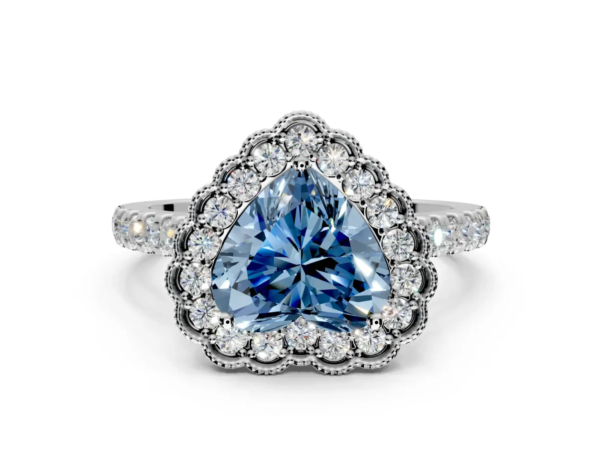 Milgrain Floral Halo Engagement Ring Setting for Fancy Blue Heart-Shaped Center with Pave Band and Prong Head in Sterling Silver