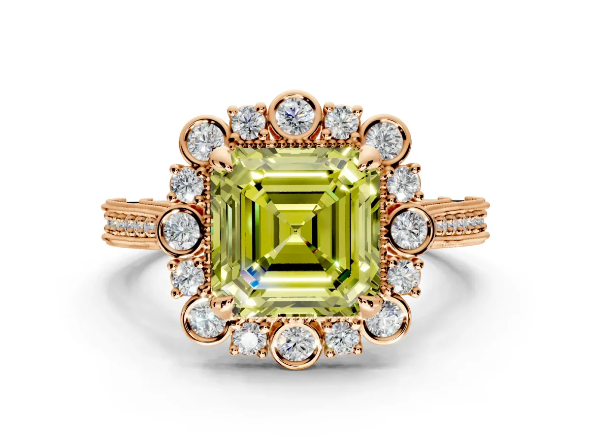 Milgrain Halo Engagement Ring Setting for Fancy Yellow Asscher Cut Center with Bezel Point Accents and Prong Head in Rose Gold