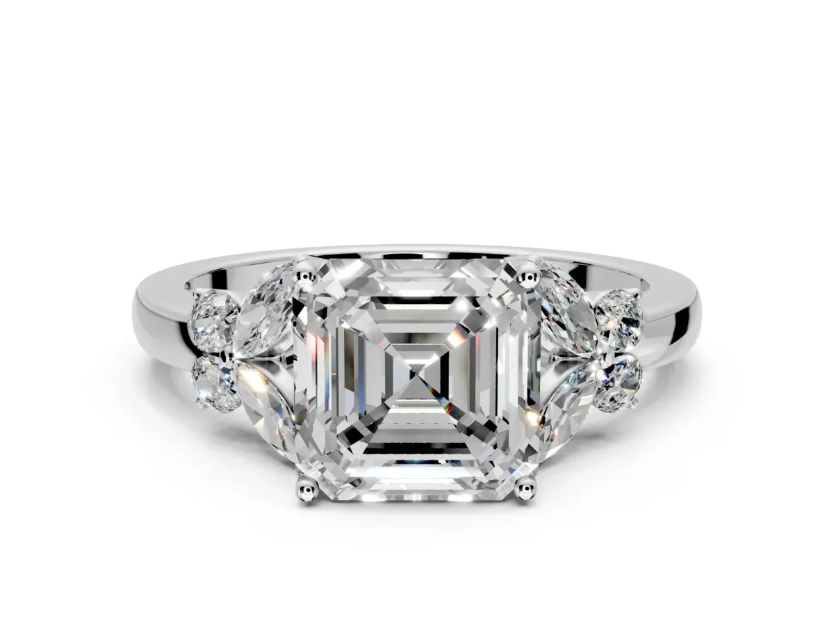Solitaire Engagement Ring Setting for Asscher Cut Center with Marquise Flower Shoulders and Prong Head in Platinum