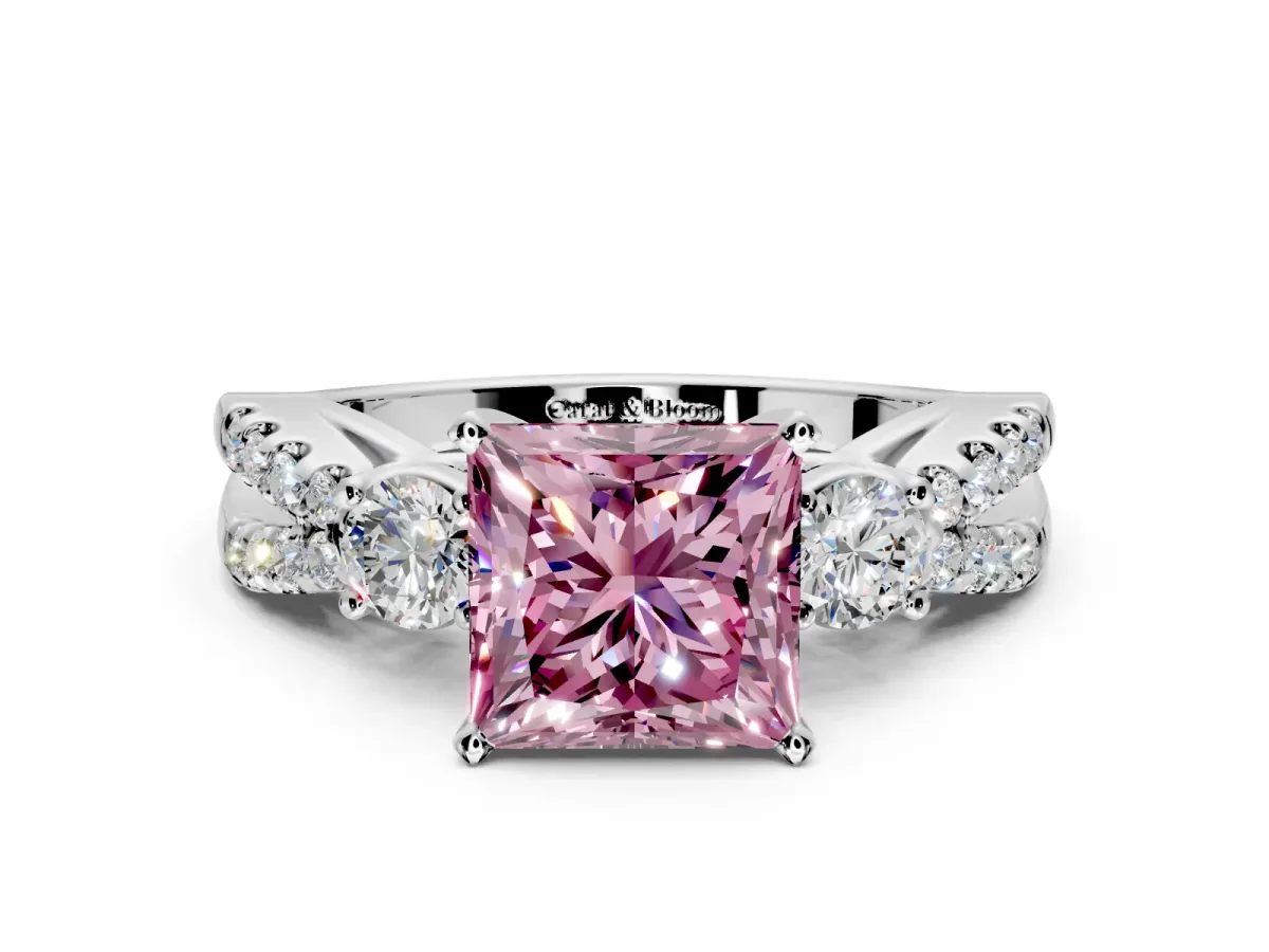 3 Stone Engagement Ring Setting for Fancy Pink Princess Cut Center with Pave Split Shank and Prong Head in Sterling Silver