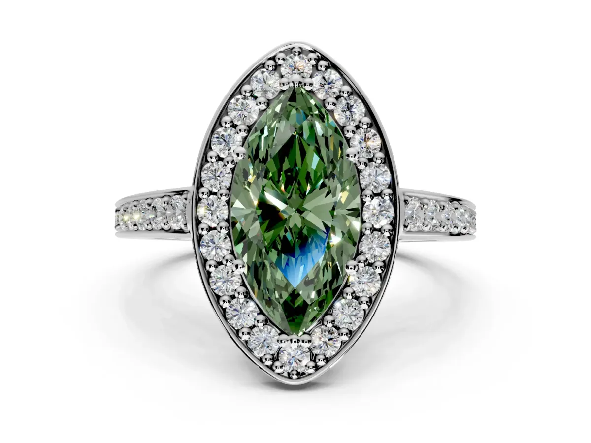 Bezel-Framed Halo Engagement Ring Setting for Fancy Green Marquise Center with Pave Band and Prong Head in Platinum