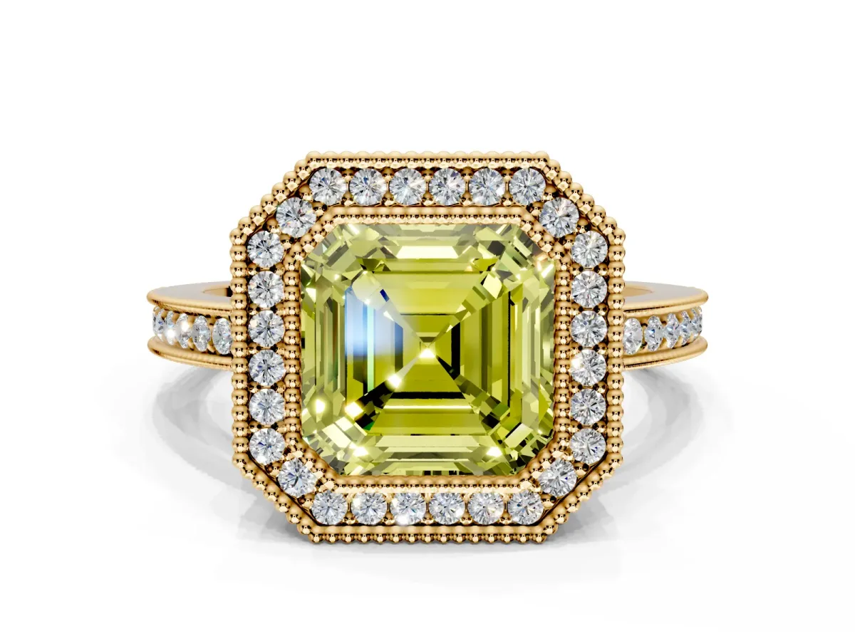 Halo Engagement Ring Setting for Fancy Yellow Asscher Cut Center with Milgrain Halo, Pave Band and Prong Head in Yellow Gold