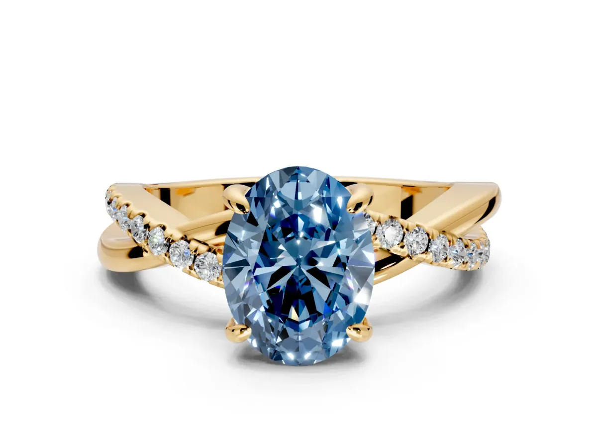 Solitaire Engagement Ring Setting for Fancy Blue Oval Center with Half-Pave Crossover Band and Prong Head in Yellow Gold