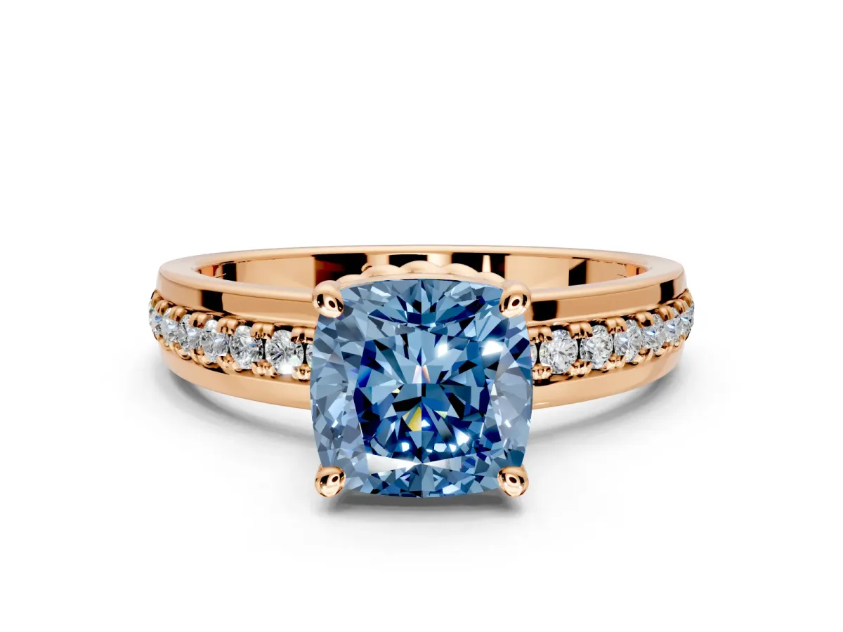 Solitaire Engagement Ring Setting for Fancy Blue Cushion Cut Center with Raised Channel Band and Prong Head in Rose Gold