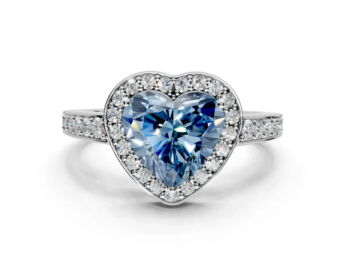 Bezel-Framed Halo Engagement Ring Setting for Fancy Blue Heart-Shaped Center with Pave Band and Prong Head in White Gold