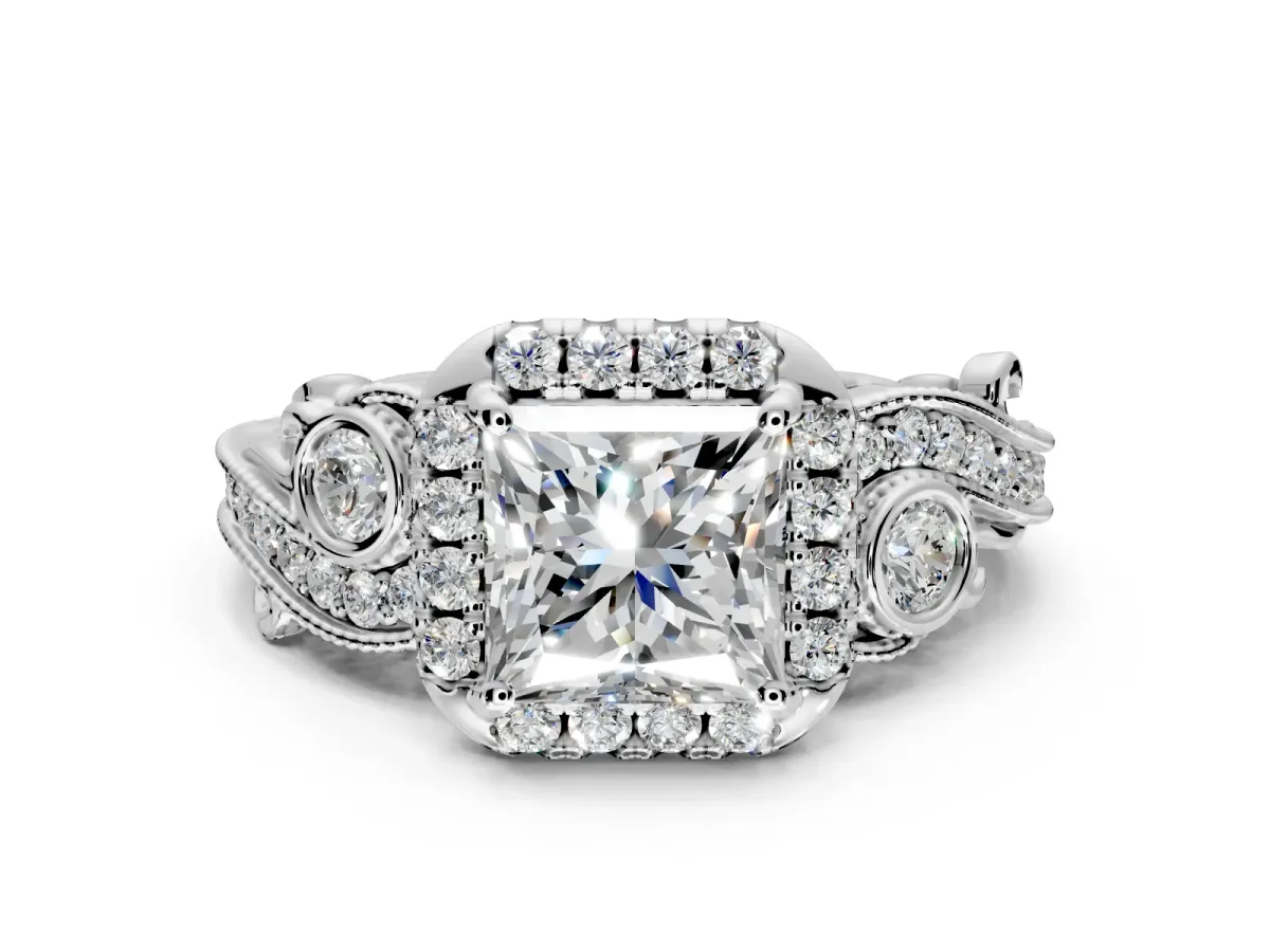 Milgrain Halo Engagement Ring Setting for Princess Cut Center with Shoulder Bezels and Prong Head in Sterling Silver