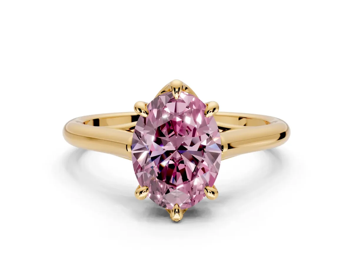 Solitaire Engagement Ring Setting for Fancy Pink Oval Center with Cathedral Band and Prong Head in Yellow Gold