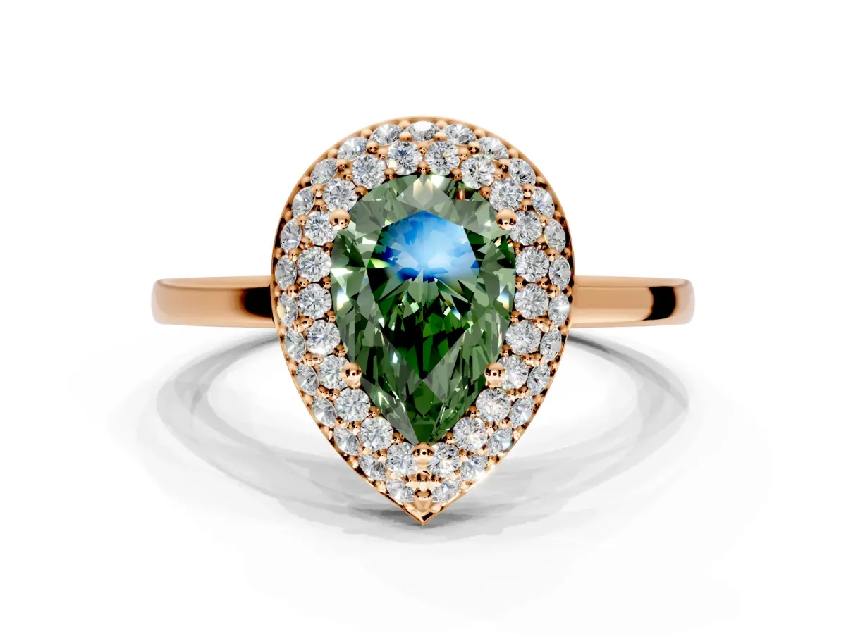 Halo Engagement Ring Setting for Fancy Green Pear-Shaped Center with Plain Tapered Band and Prong Head in Rose Gold