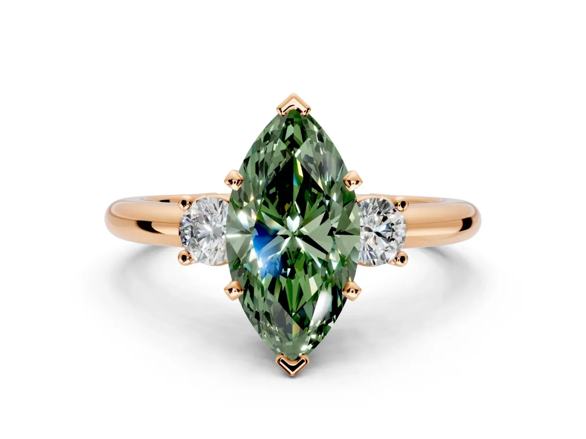 3 Stone Engagement Ring Setting for Fancy Green Marquise Center with Wide Plain Band and Prong Head in Rose Gold