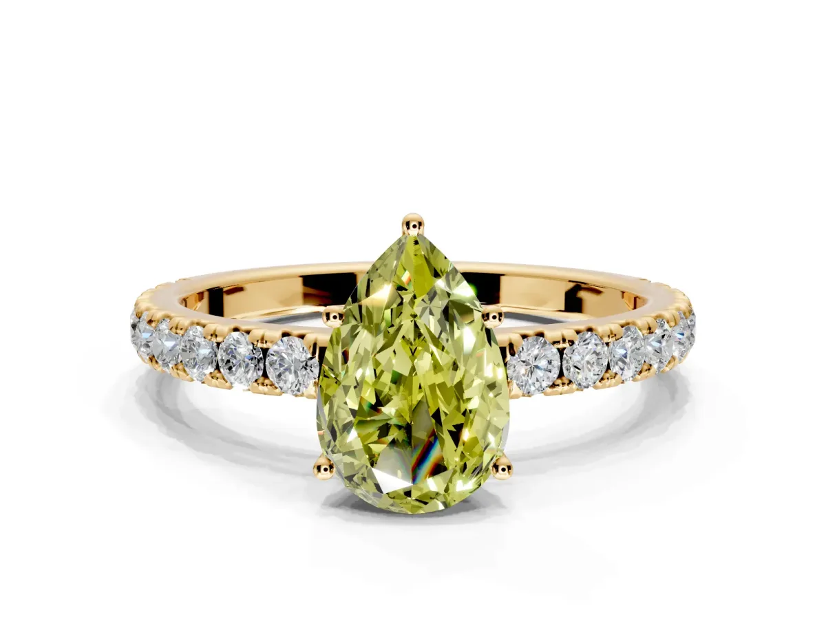 Solitaire Engagement Ring Setting for Fancy Yellow Pear-Shaped Center with Large Accent Band and Prong Head in Yellow Gold