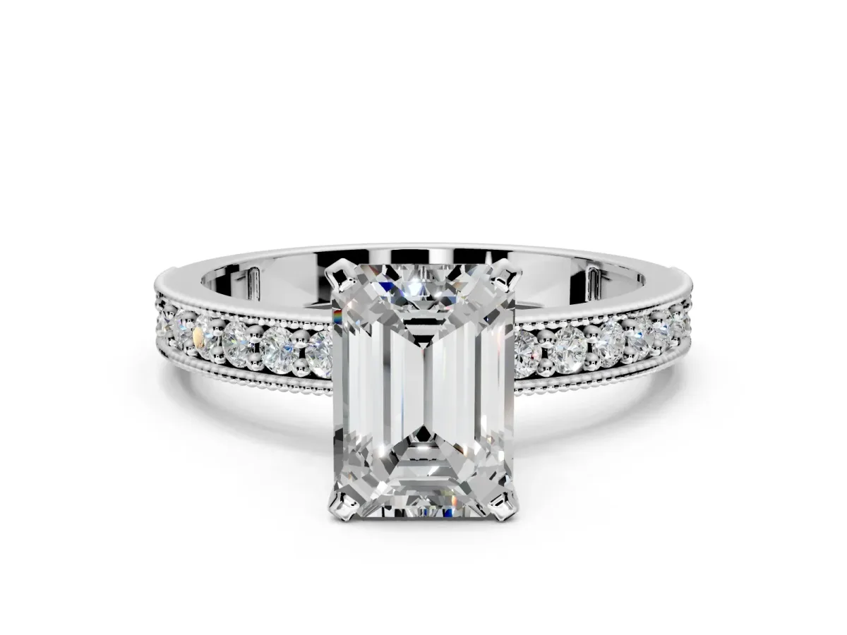 Milgrain Pave Engagement Ring Setting for Emerald Cut Center with Accent Band and Prong Head in White Gold