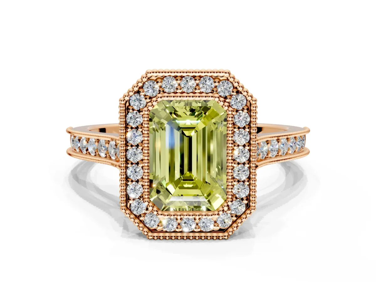 Halo Engagement Ring Setting for Fancy Yellow Emerald Cut Center with Milgrain Pave Band and Bezel Head in Rose Gold