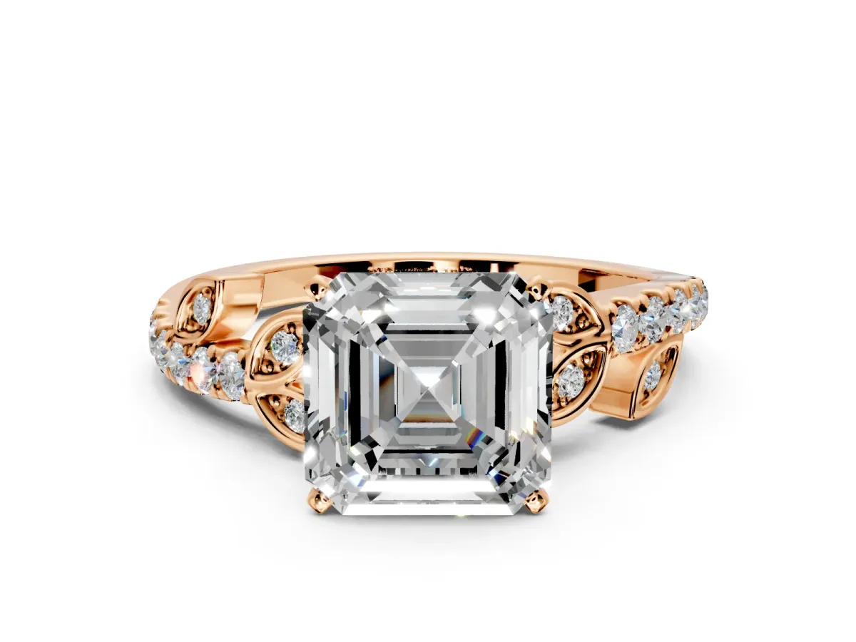Leaf Motif Engagement Ring Setting for Asscher Cut Center with Pave Band and Prong Head in Rose Gold