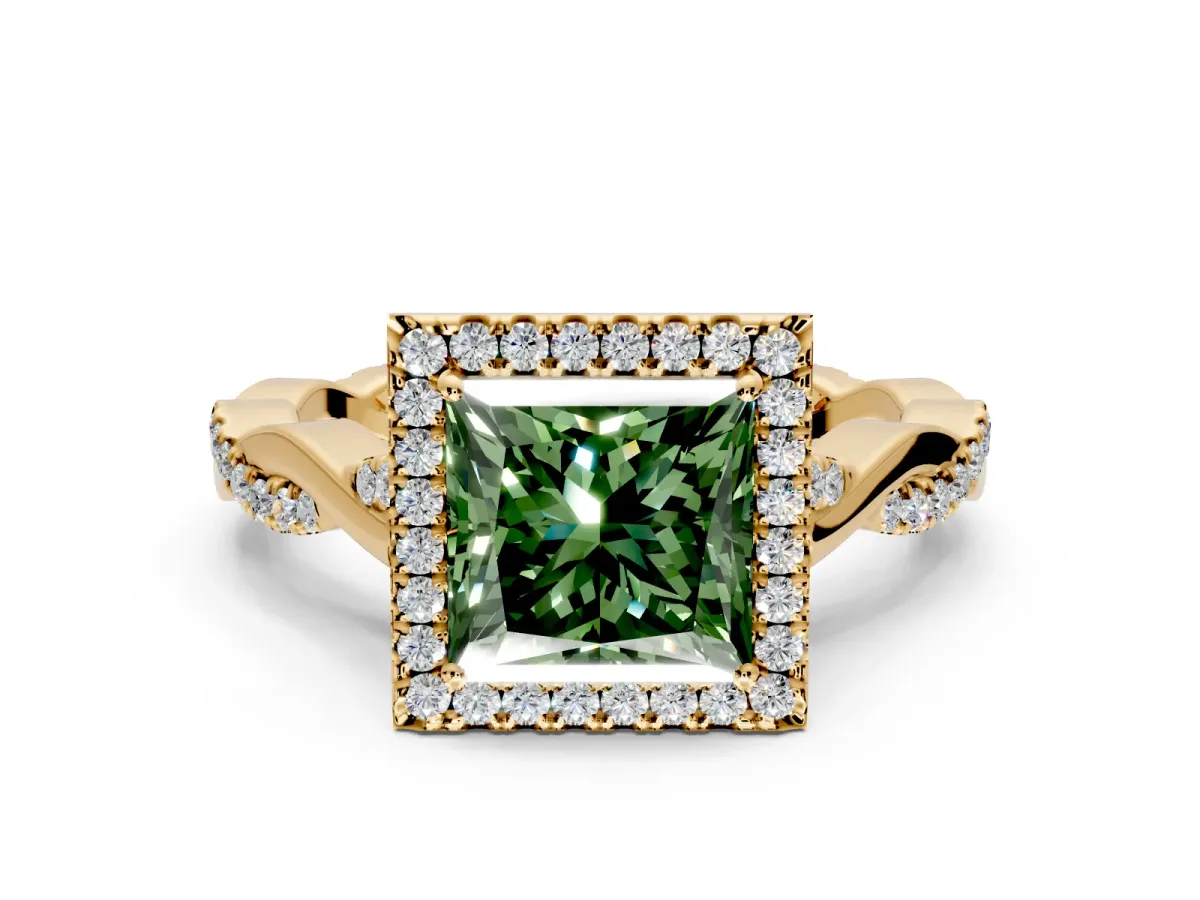 Halo Engagement Ring Setting for Fancy Green Princess Cut Center with Twist Band and Prong Head in Yellow Gold
