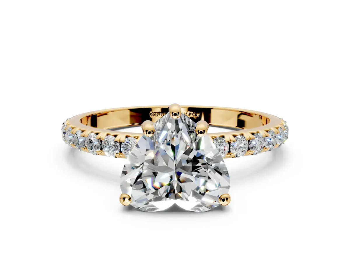 Solitaire Engagement Ring Setting for Heart-Shaped Center with Micro Pave Band and Prong Head in Yellow Gold