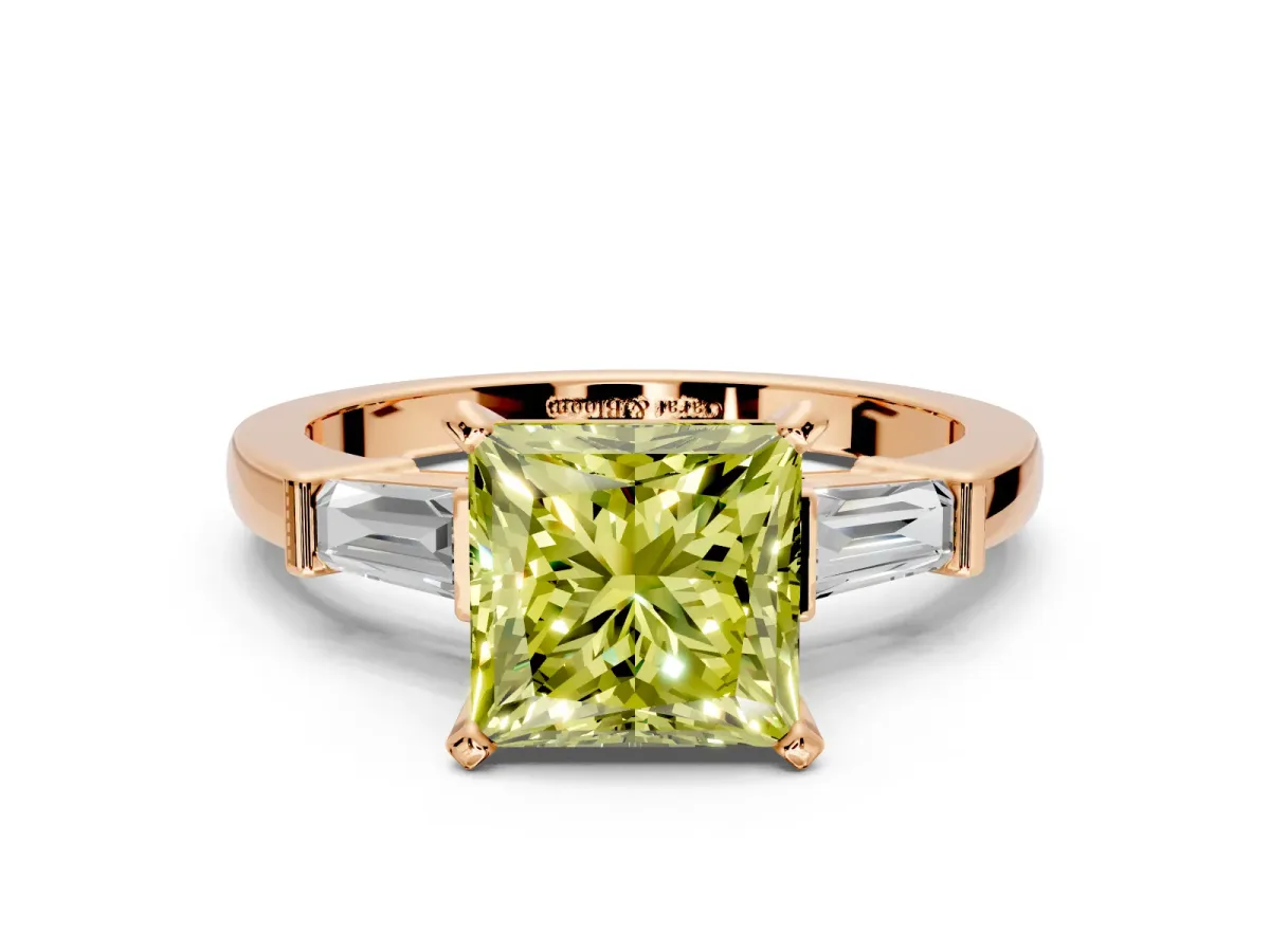 3 Stone Engagement Ring Setting for Fancy Yellow Princess Cut Center with Channel Baguette Accents and Prong Head in Rose Gold