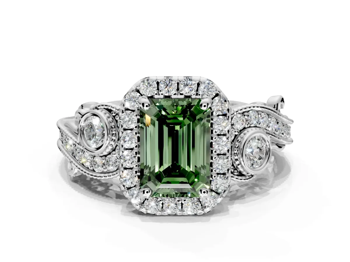Milgrain Halo Engagement Ring Setting for Fancy Green Emerald Cut Center with Shoulder Bezels and Prong Head in Platinum