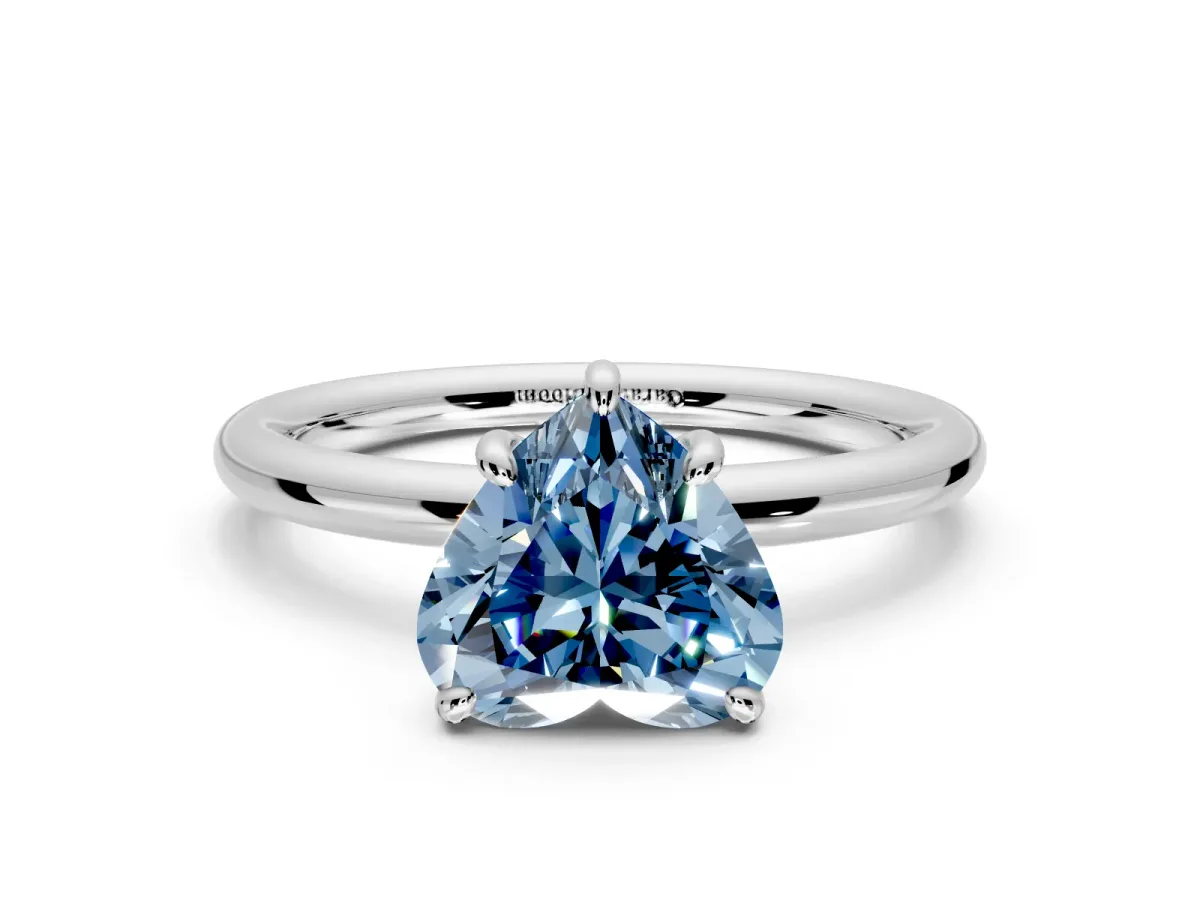 Low-Set Solitaire Engagement Ring Setting for Fancy Blue Heart-Shaped Center with Thin Plain Band and Prong Head in Sterling Silver