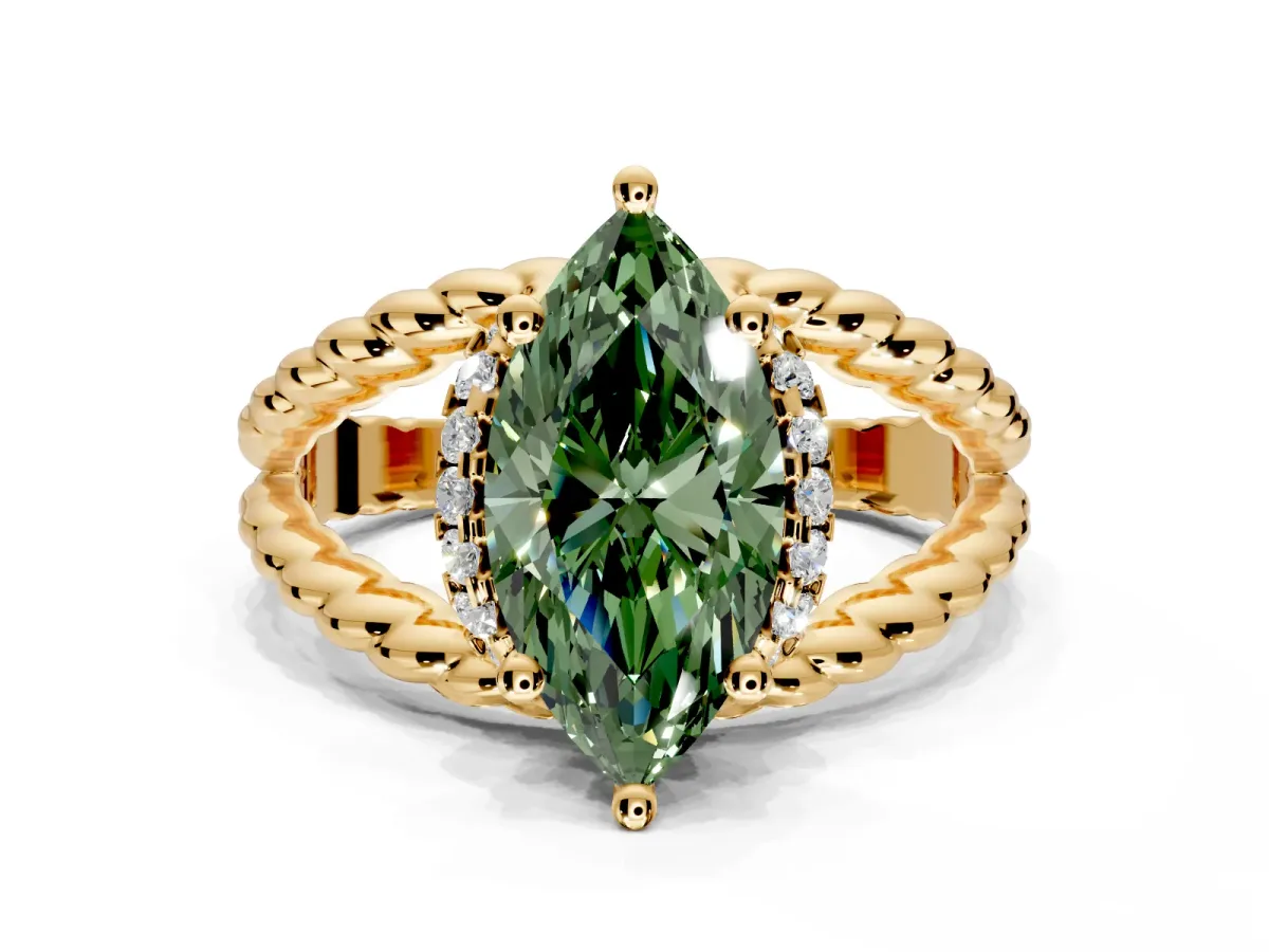 Halo Engagement Ring Setting for Fancy Green Marquise Center with Rope Twist Split Shank and Prong Head in Yellow Gold
