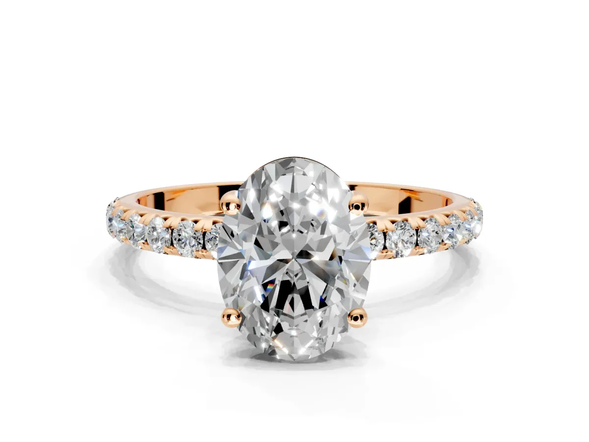 Solitaire Engagement Ring Setting for Oval Center with Micro Pave Band and Prong Head in Rose Gold