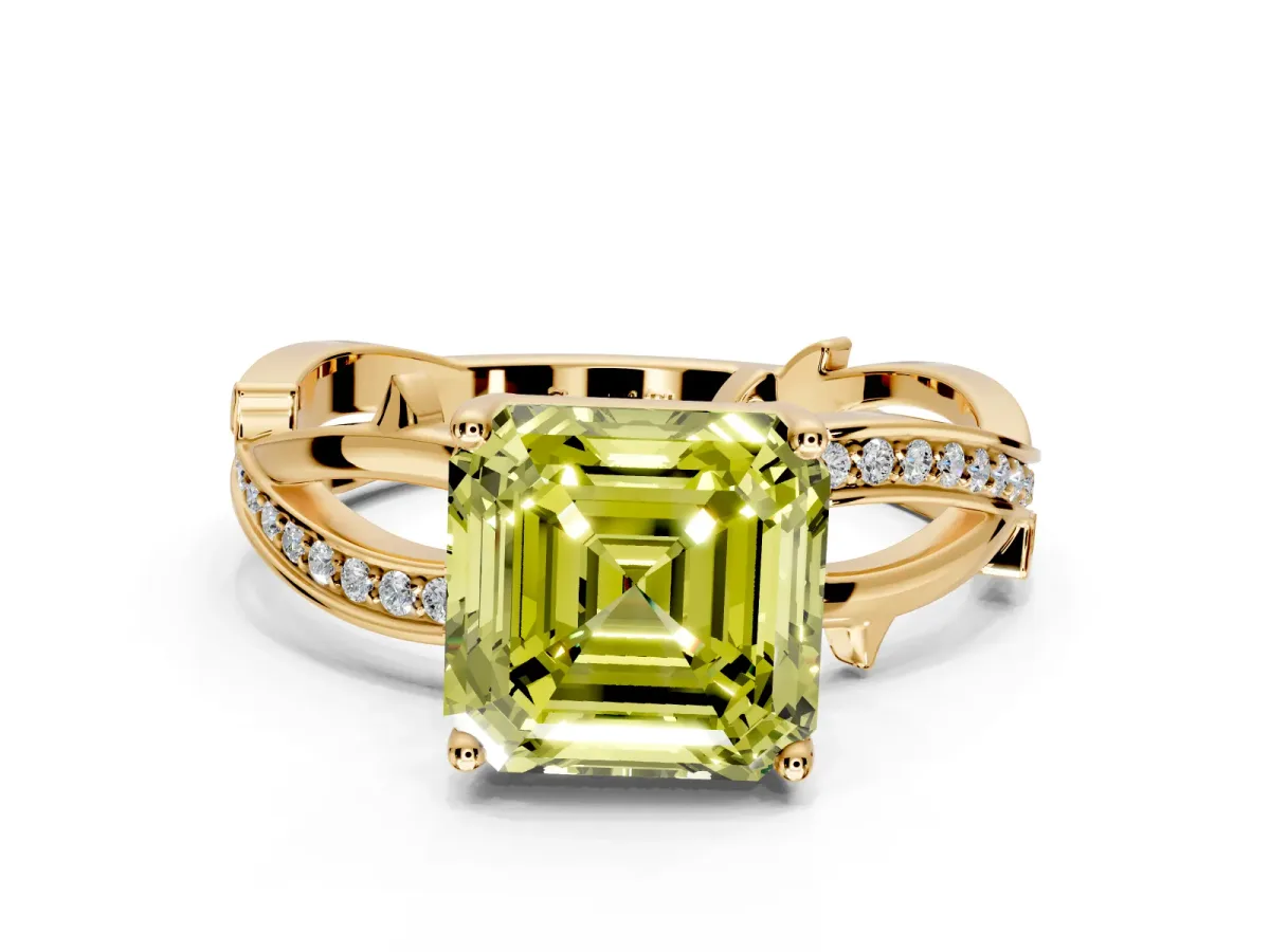 Solitaire Engagement Ring Setting for Fancy Yellow Asscher Cut Center with Pave and Plain Crossover Band and Prong Head in Yellow Gold