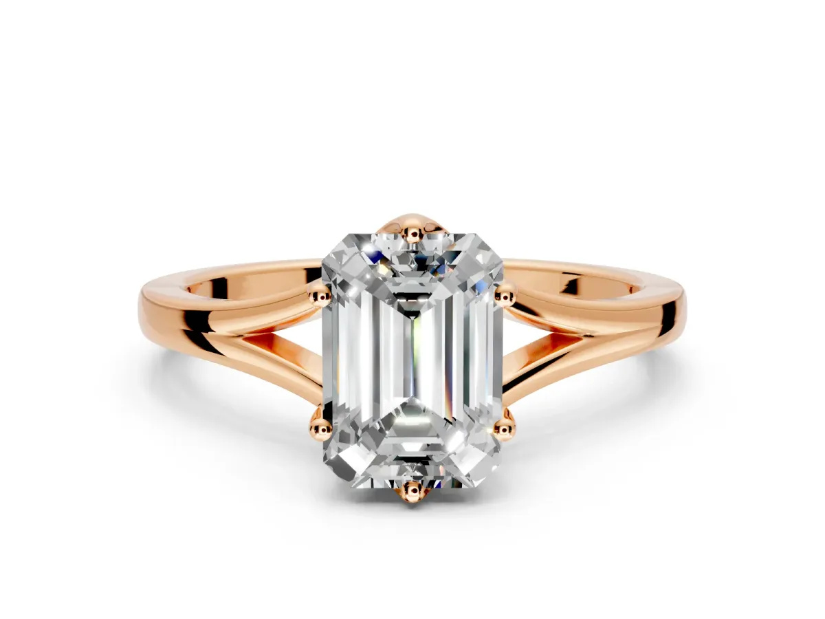 Solitaire Engagement Ring Setting for Emerald Cut Center with Plain Split Shank and Prong Head in Rose Gold
